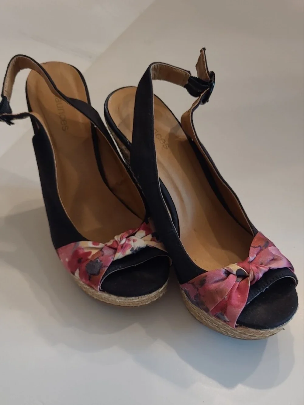 Maurices Wedge Sandals Pink Floral Knot Slingback Espadrille Peep Toe Weave Heel